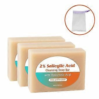 Reinigende zeep met salicylzuur 2% en hyaluronzuur, handgemaakte gezichts- en lichaamszeep, verpakking van 3 met schuimnetje, 100 g per stuk