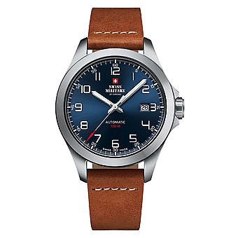 Wristwatch round with leather strap automatic analog men's watch with cowskin bracelet SMA34077.03