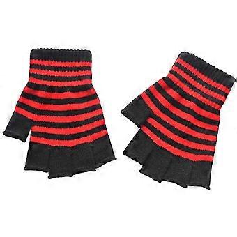 Knitted Gloves Winter Half Finger Mittens Stretchy Touchscreen Color Matching Gloves for Kids Teens Christmas Presents Black and red
