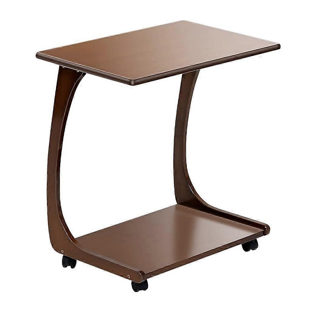 C Shaped Side Table with Wheels, Solid Wood End Table with DualLayer Storage for Small Spaces