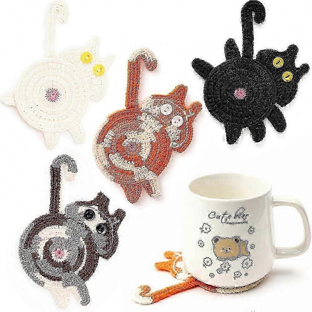 4pc Knitted Cat Coasters Cotton