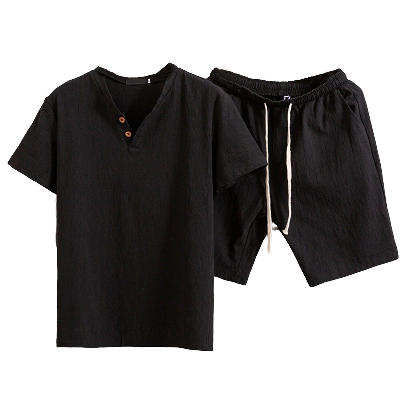 2 Pcs/Set Men T-shirt Shorts Set Elastic Waist Loose V Neck Drawstring Homewear Deep Crotch Plus Size Casual Summer Top Shorts Set Men Clothes