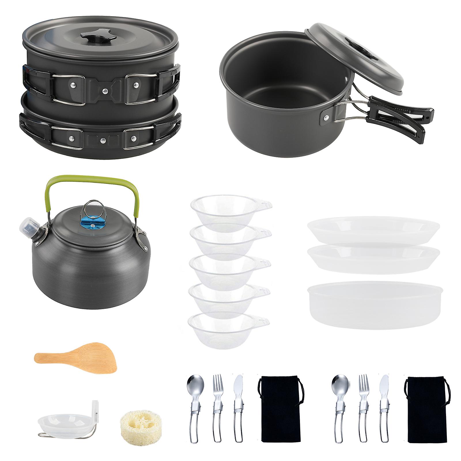Camping Cookware Mess Kit Non-stick Pot And Pan Set With Kettle