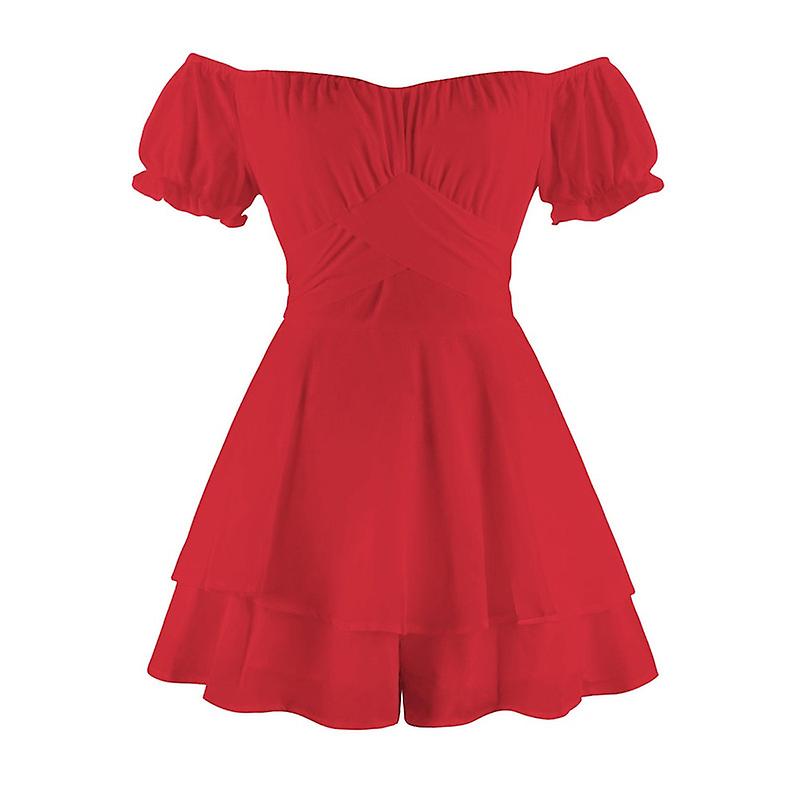 Women's Summer Red One Shoulder Romper Double Layer Ruffle Hem Jumpsuits