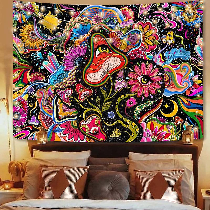 Mushroom Trippy Psychedelic Eyes Colorful Flowers Wall Hanging Hippy Tapestry For Home