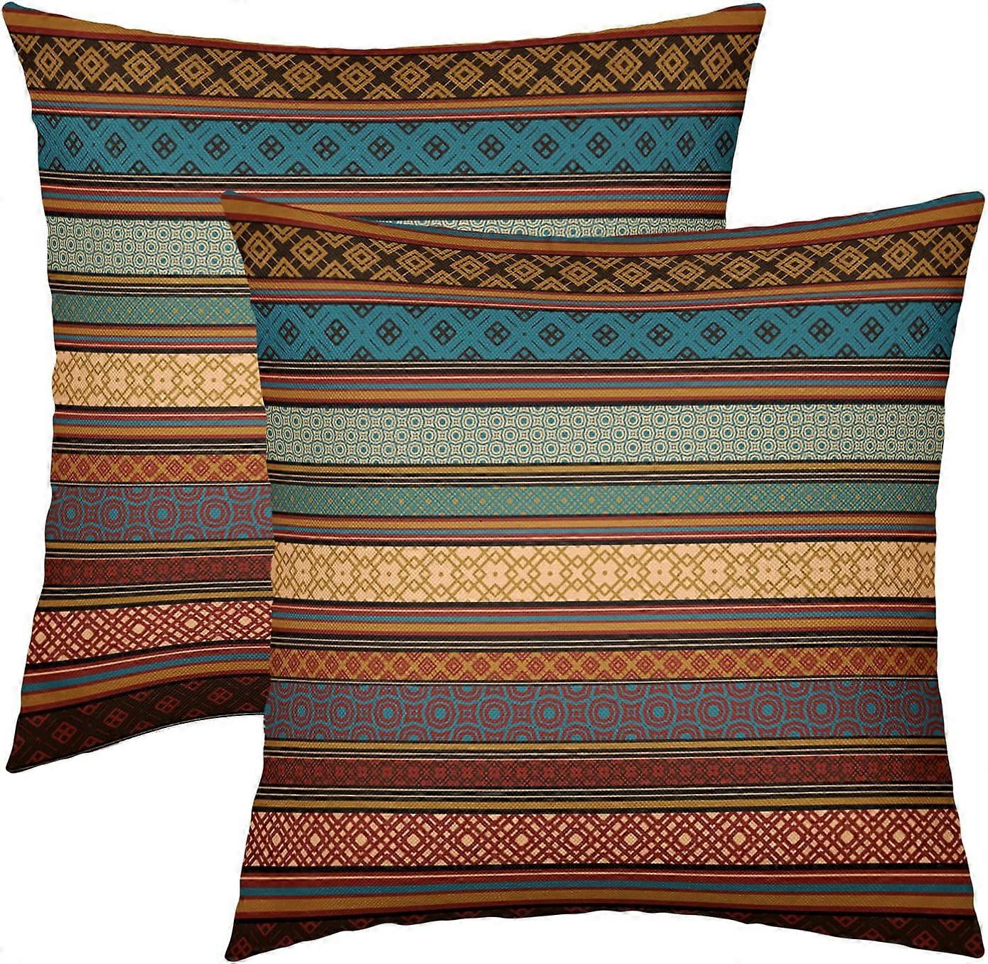 ブラウンブルーティール枕カバー20x20インチ2ボヘミアンマルチカラーストライプ装飾スロー枕レトロな南西幾何学的な自由奔放に生きるメキシコ枕C