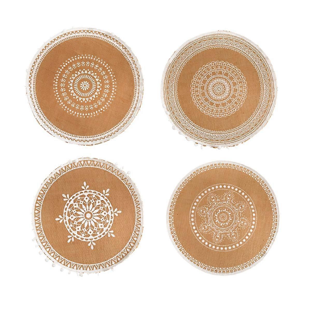 4pcs Bohemian Style Round Heat-Insulating and Scalding-Proof Dining Mat with Diameter of 38cm Anti-Skid Tassel White