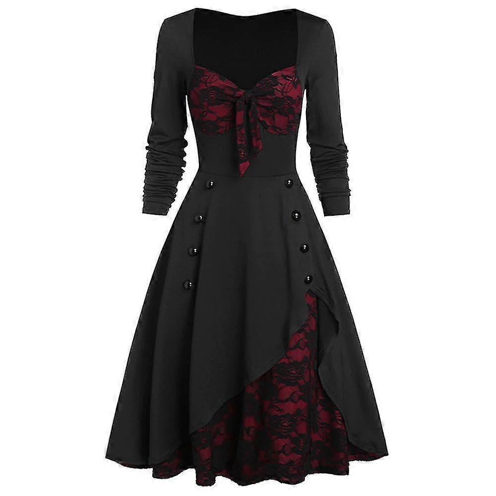 Damen Vintage Spitze Nähte Knopf Langarm-Kleid Frauen langes Kleid