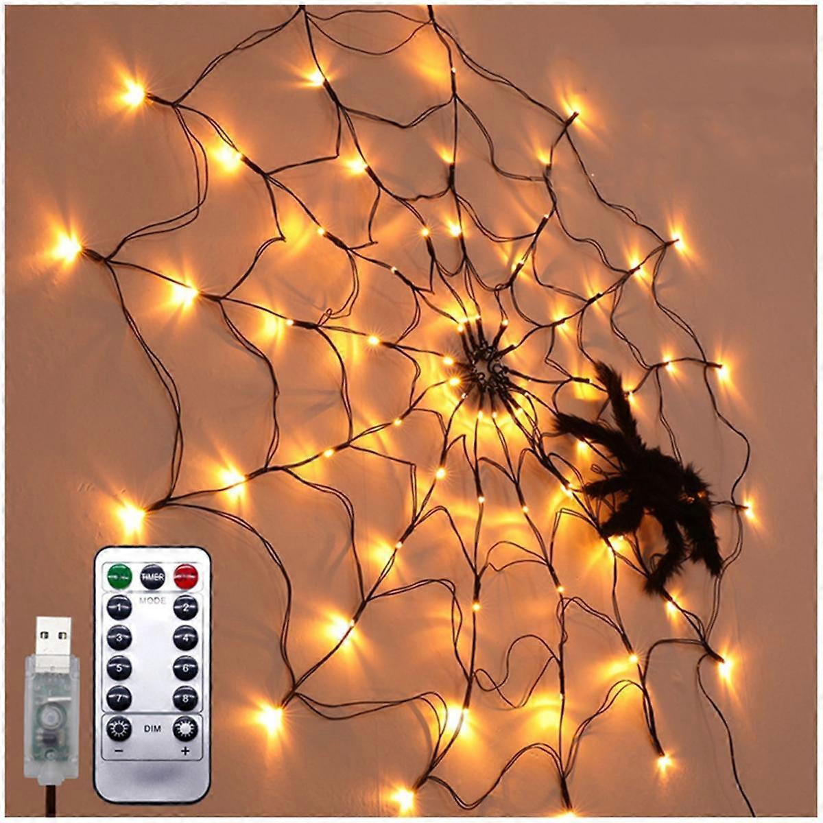 Halloween Spider Web Lights USB 8 Modes Spider Web Wall Net Lights for Scary Halloween Decoration Garland,A