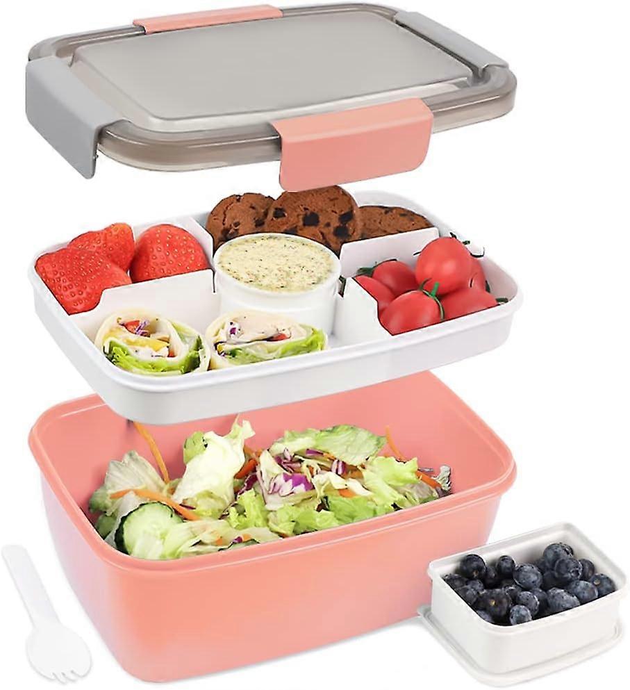 Bento Box 2000ML, Lunch Box Salad Lunch Container To Go with 4 Compartment Tray, Salad Bowl with Dressing Container, Meal Prep to Go Containers,Pink