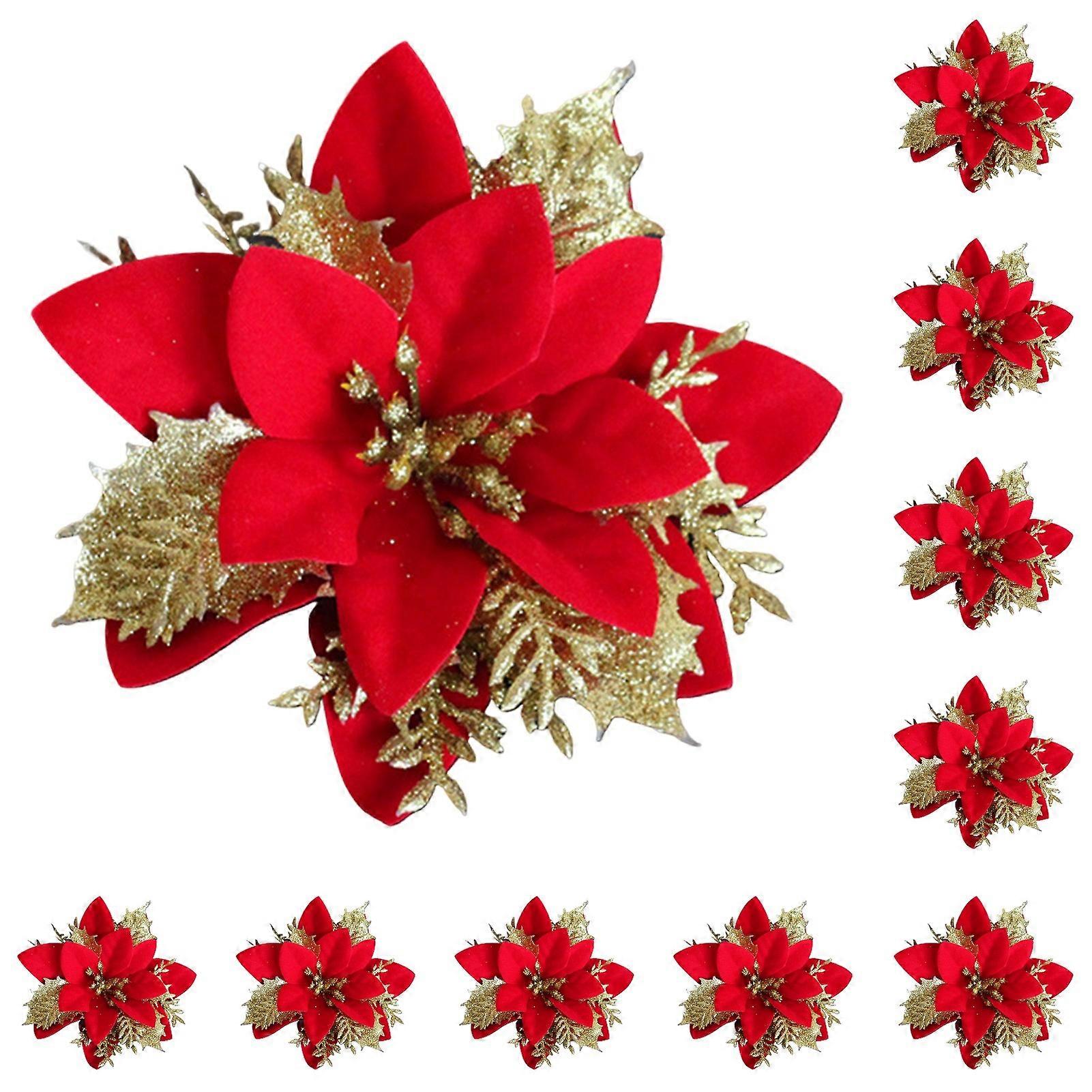 10Pcs/Set Christmas Artificial Flower Glitter Leaves Red Golden Silver-color 3 Layers Xmas Tree Wreath Decoration Fake Flower Photo Props