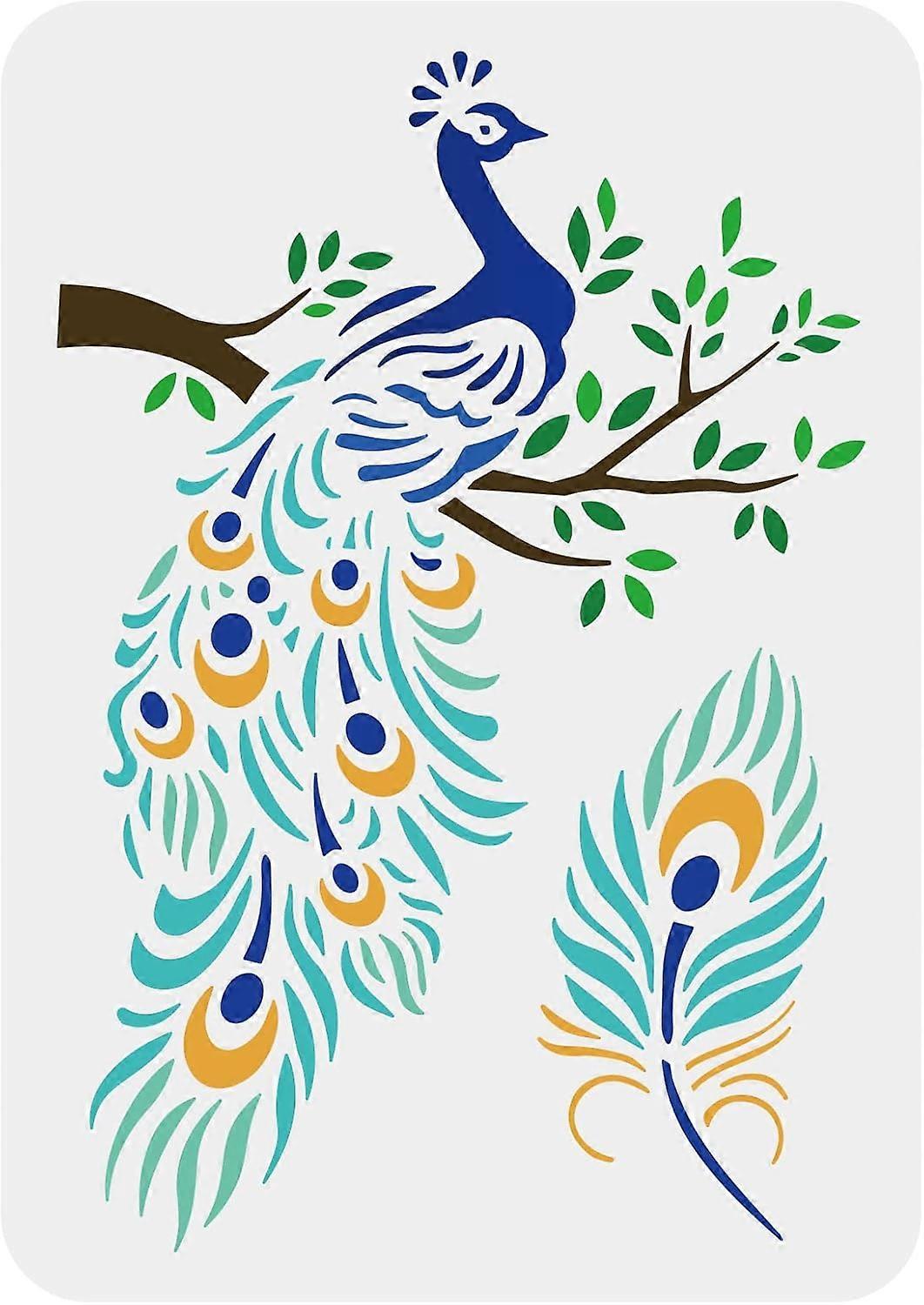 Peacock Stencils for Painting 11.7x8.3inch Reusable Peacock on Branches Pattern Drawing Stencil Peacock Feather Stencil for Painting on Wall Furniture