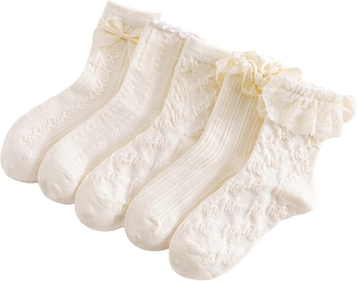 Women's 5 Pairs Bow Lace Ruffled Ankle Socks