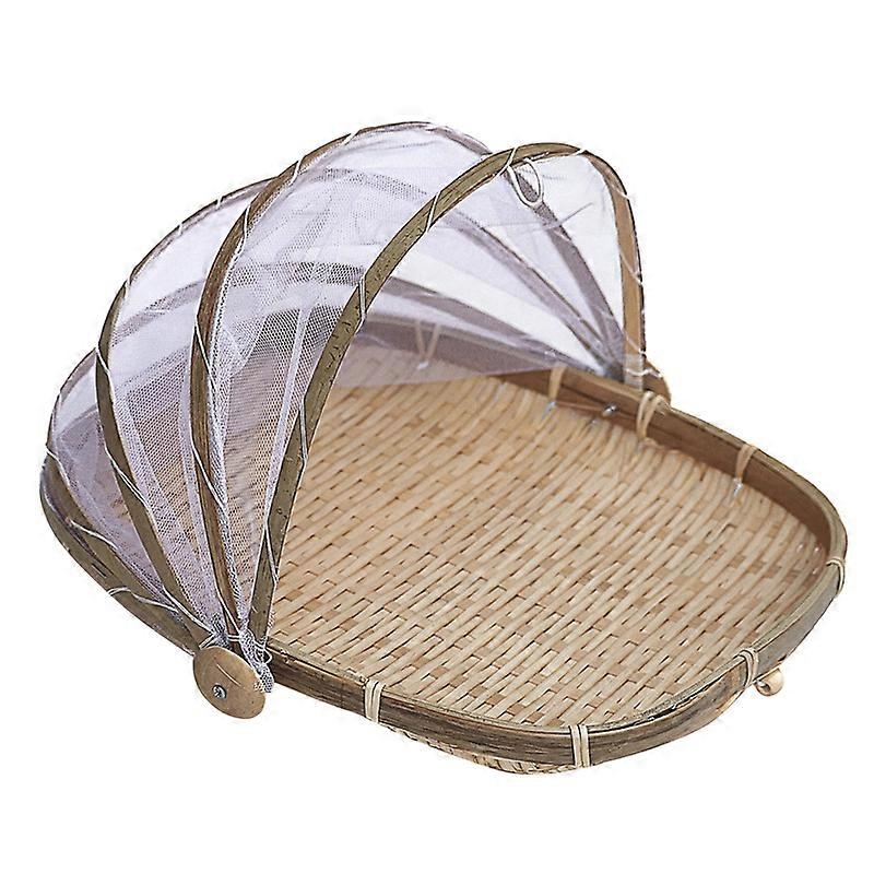 Bamboo Woven Food Fruit Anti Flies Insect Net Mesh Cover Tent Storage Basket KAESI