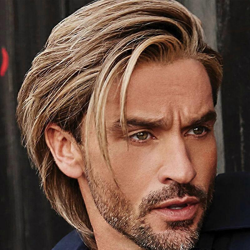 Men Gold Brown Layered Short Straight Synthetic Hair Fashion Full Wigs