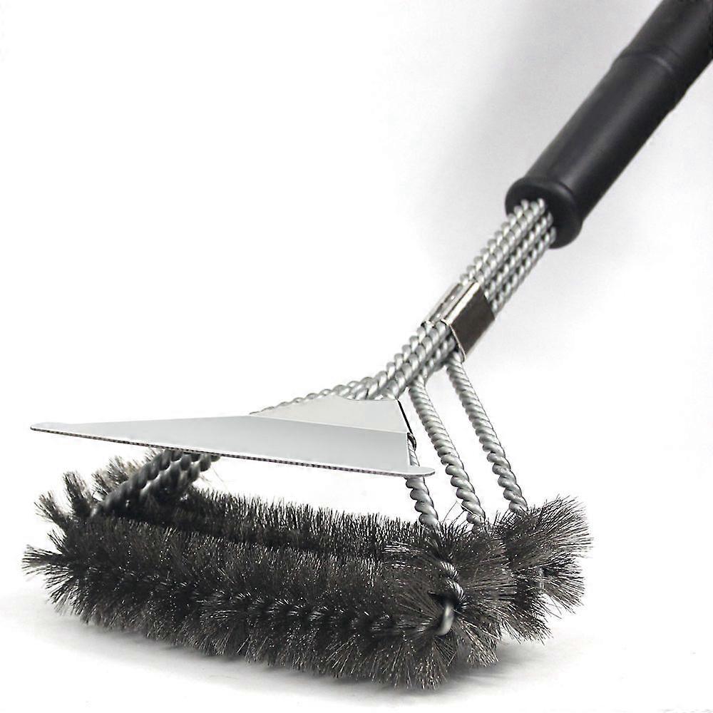 3-in-1 stainless steel barbecue brush with scraper for quick and efficient cleaning of all grills horizontal design