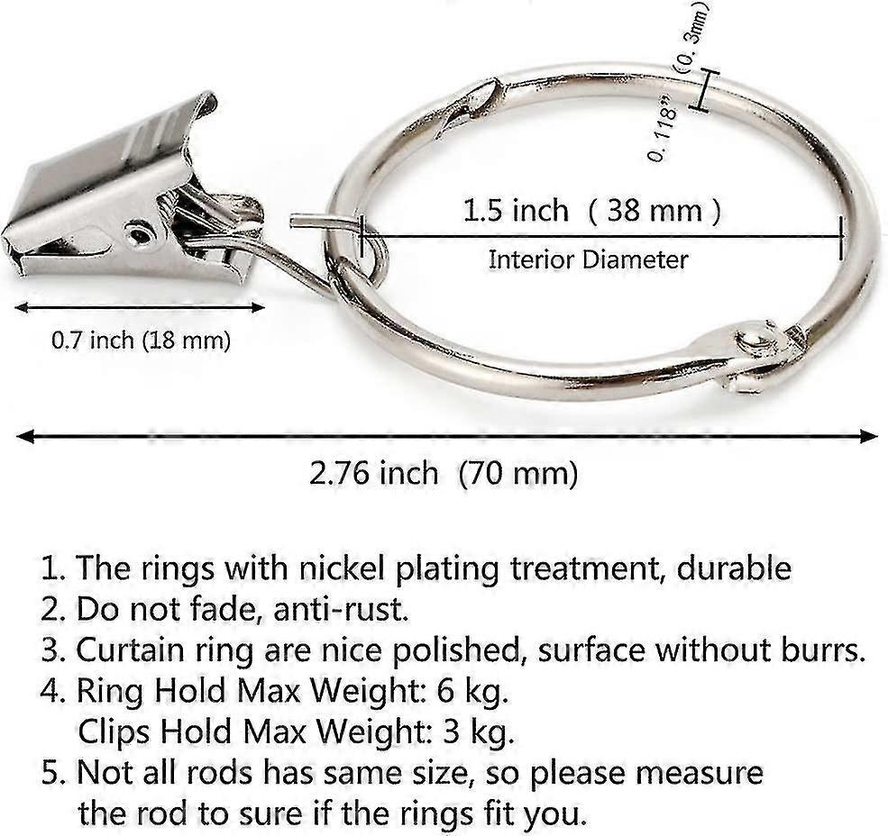 25 Pieces Curtain Rings With Clips, Decorative Metal Window Curtain Drapes Clips With Strong Clip, Rustproof, Easy Open And Close, 38mm Inner Diameter