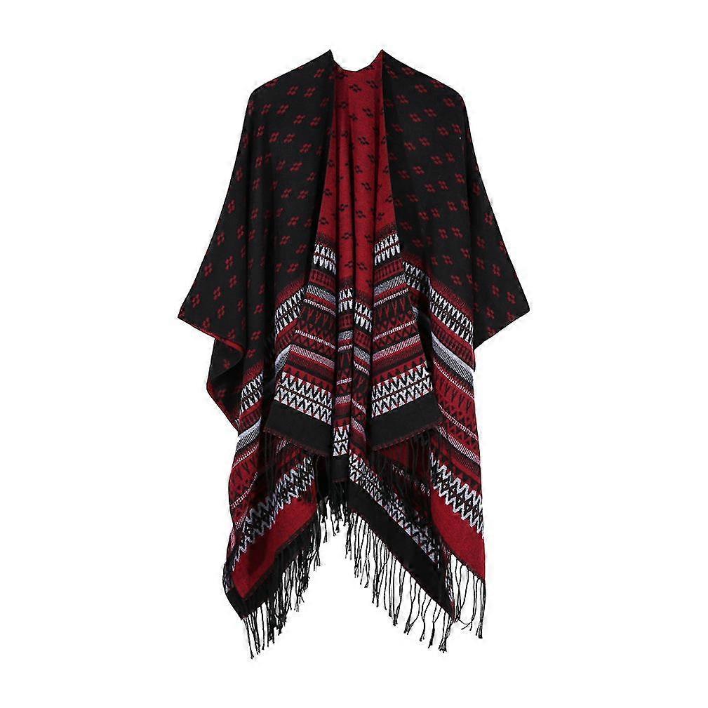 Warm Shawl Scarf with Tassel Open Front Poncho Winter Cardigant Ethnic Style for Lady