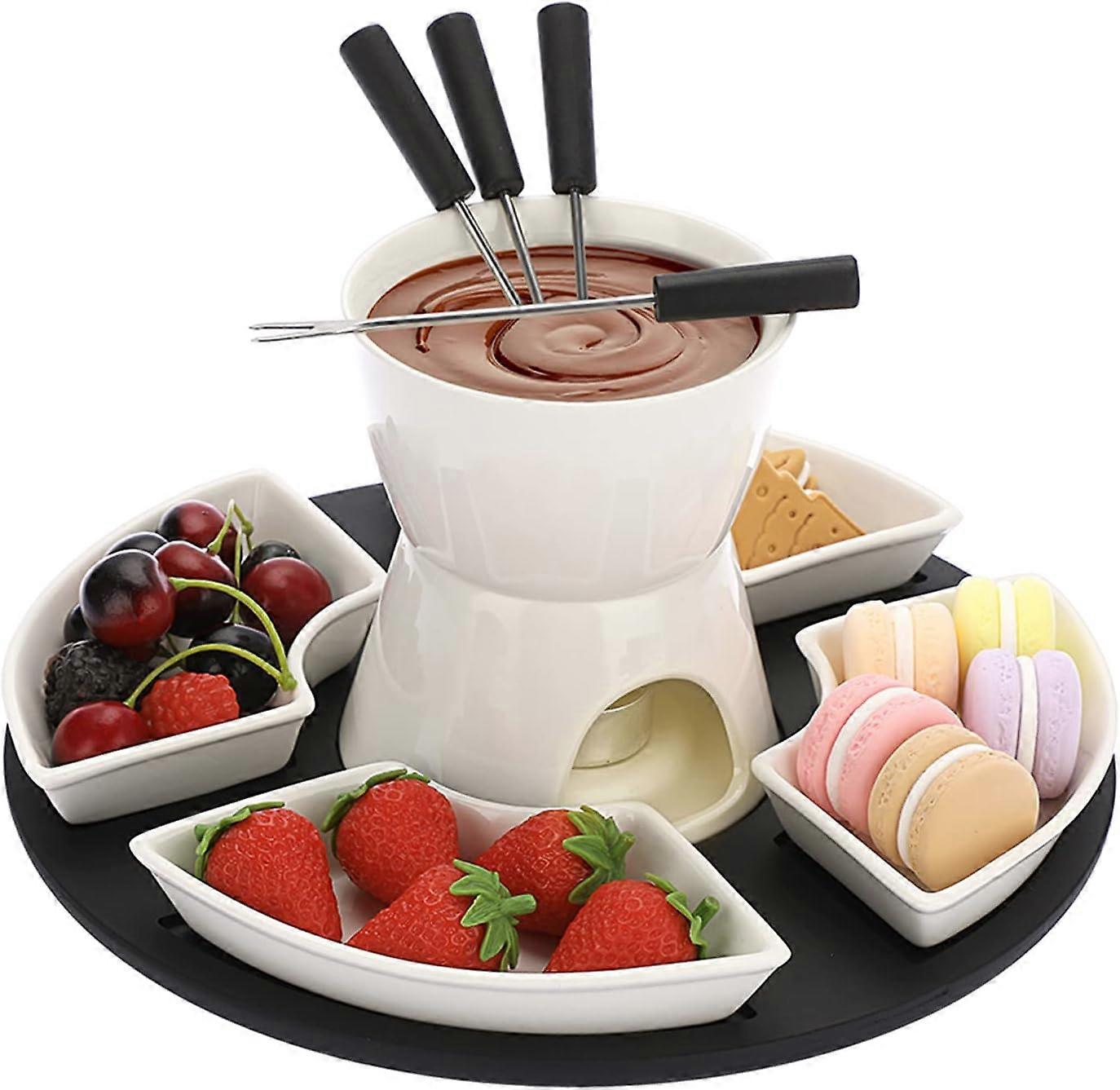 Witte Keramische Chocolade Fondue Pot Set Kaas Ice Cream Warmer, 300ml Boter Fondue Set Theelicht Kaars Fonduepot met Houten Pallet en 4 Vorken en