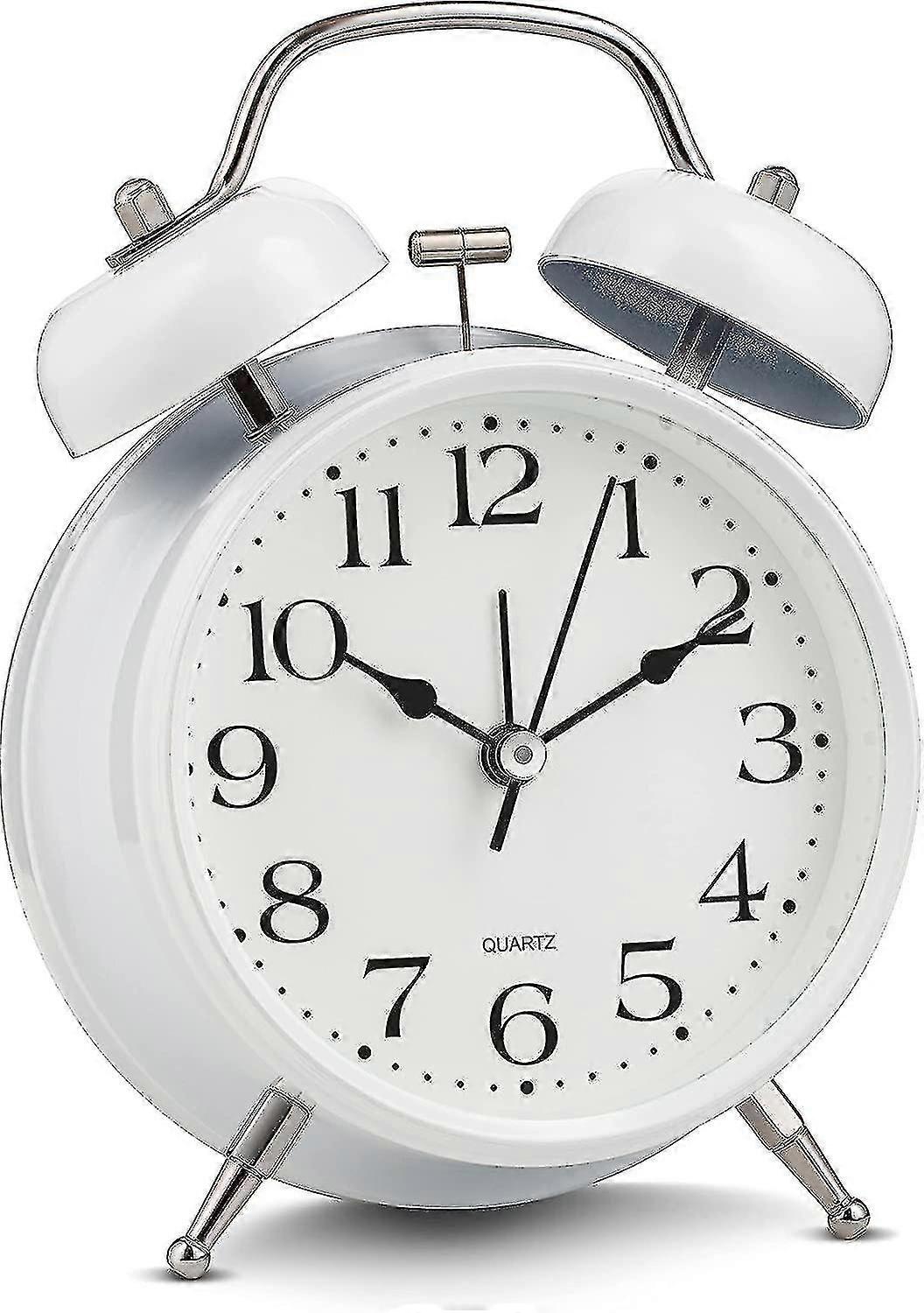 Analog Alarm Clock Extra Loud Twin Bells Retro White Silent Non-ticking Quartz Battery Operated With Backlight, Decorative Bedside Table Desk Vintage