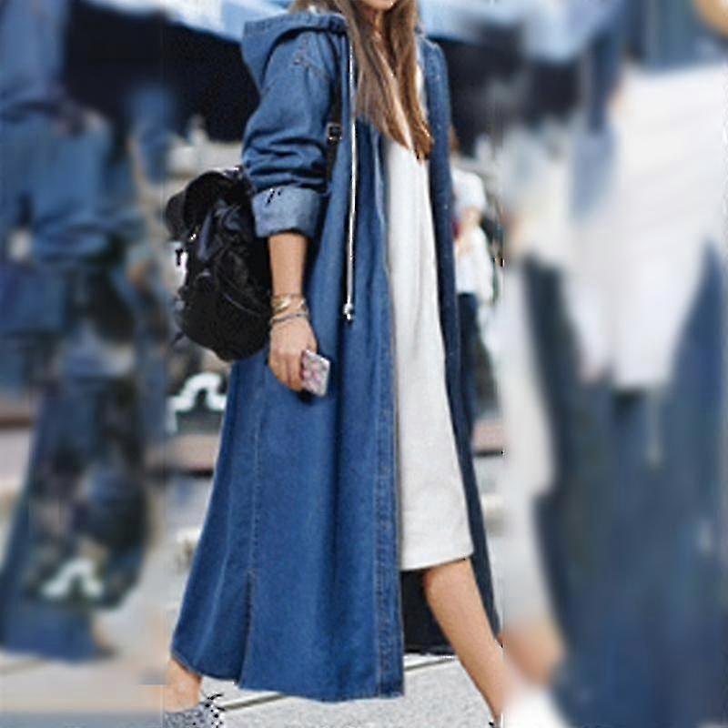 Jaquetas jeans largas femininas, manga comprida, com cordão, sobretudos com capuz para outono