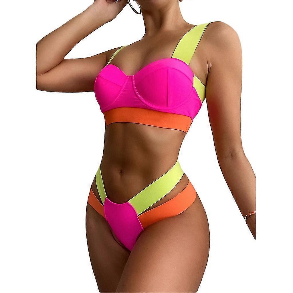 Hoch geschnittener Farbblock Bikini-Set niedliche Bügel-Badeanzüge Push-up-Badeanzug