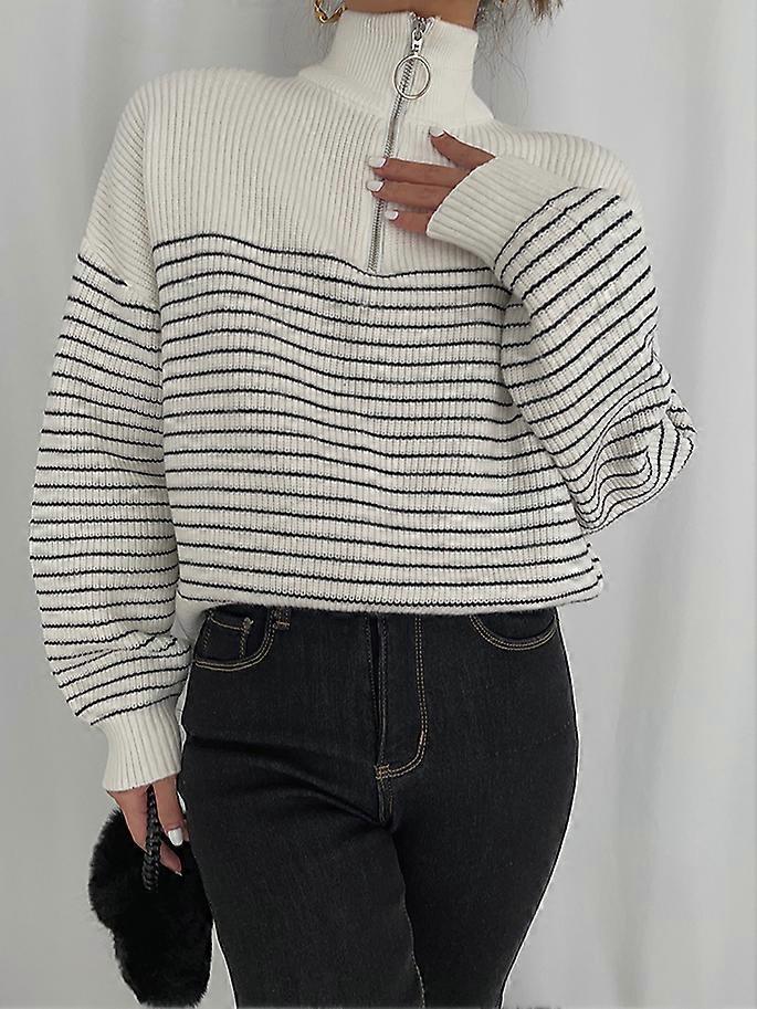 YOUGANG high quality Ins Cool Black And White Pinstripe Vertical Collar Zipper Long Sleeve Knitted Sweater Women's Outer Wear Lazy Style Top Coat