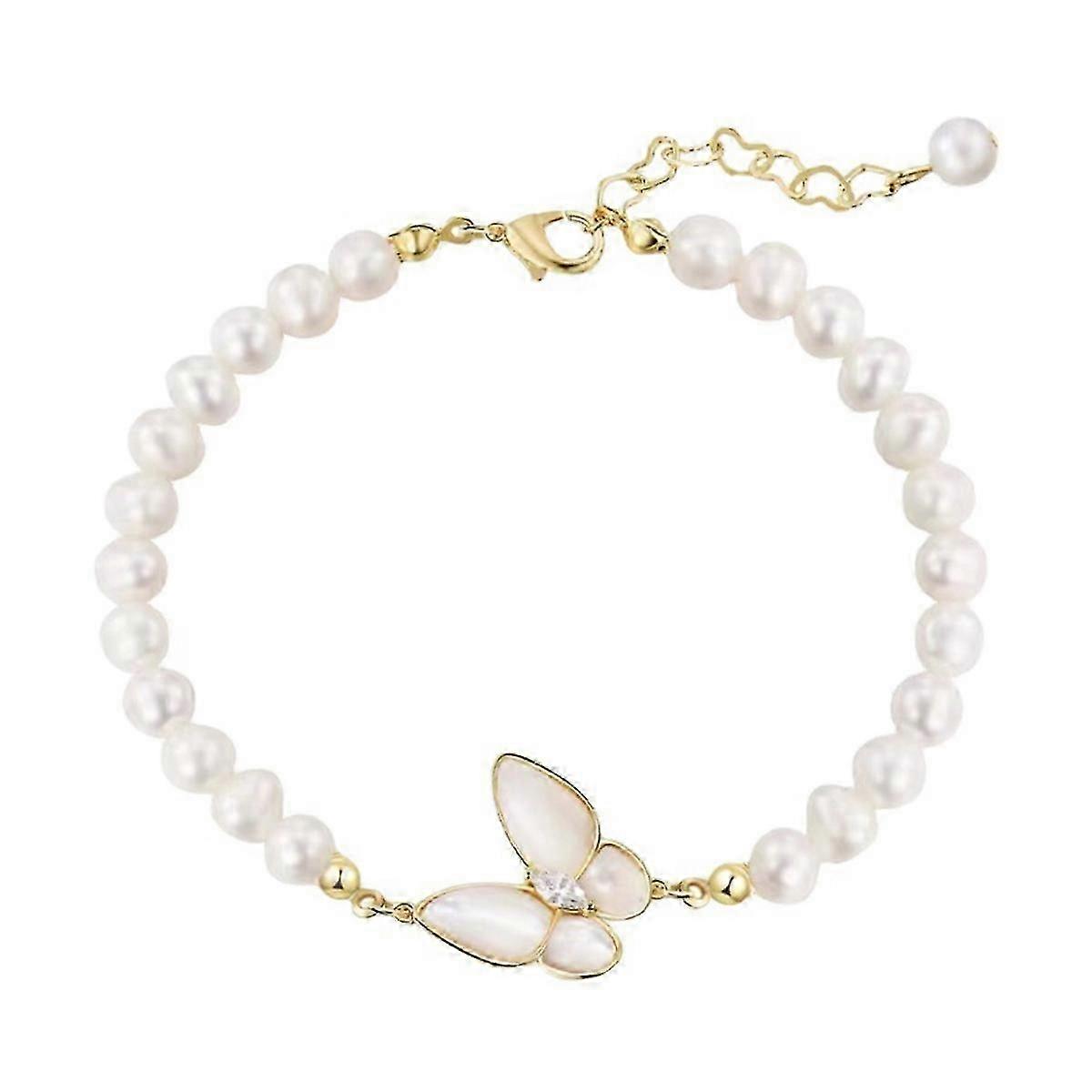 14K Gold Butterfly Bracelet Pearl Beaded Exquisite Bangle for Lady
