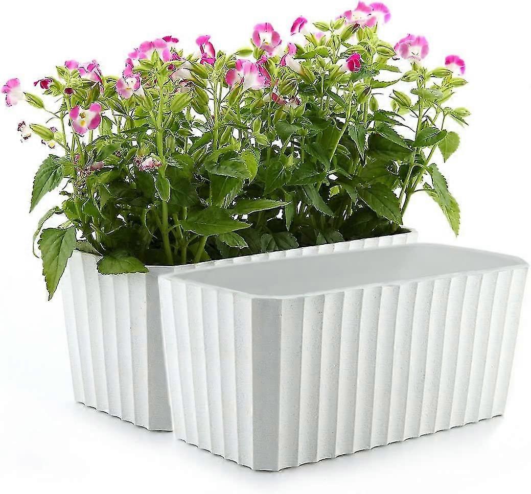 Self-irrigation White Plastic Rectangular Flower Box Set Of 2, Pot With Water Reserve And Water Level In Pot With Watering System For Easy Plan
