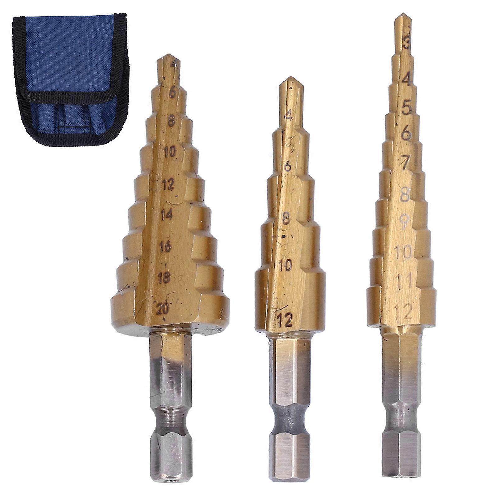 3Pcs High-Speed Steel Step Drill Bit Set Hex Shank Straight Flute With Storage Pouch
