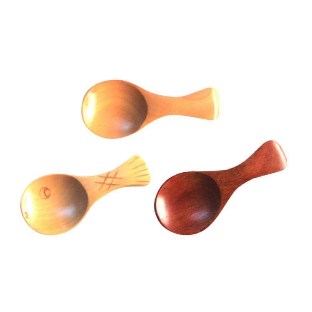3 قطع ملعقة خشبية صغيرة مسحوق ملعقة ملعقة منزلية صغيرة للمنزل (لون الخشب + لون ورنيش + لون الخشب مع نمط السمك)