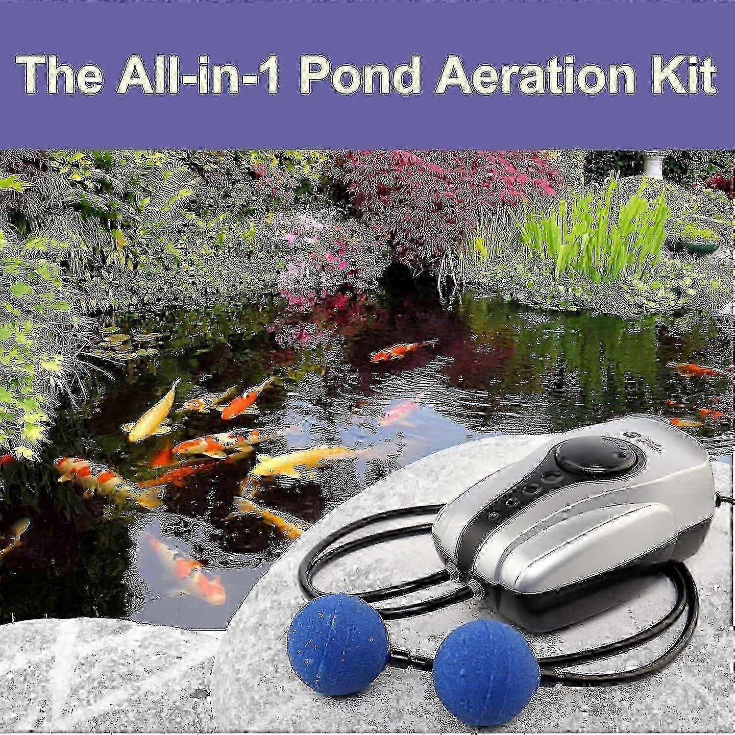 Pompa Aria Per Laghetto Koi All-in-One | Aeratore Doppia Uscita Con Tubi E Pietre Porose