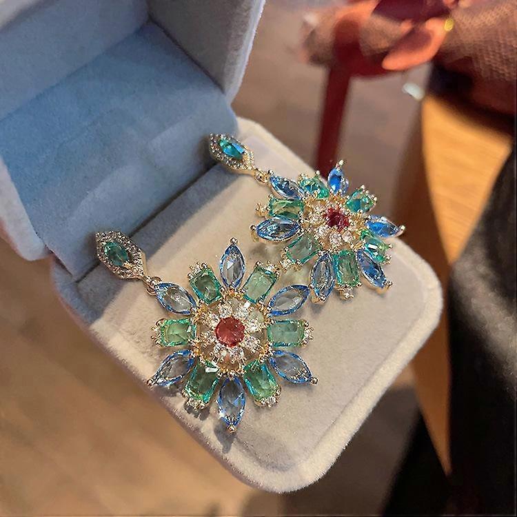 Mixed Color Zircon Micro-Inlaid Flower Stud Earrings Women'S Gold-Plated Temperament Earrings Short Modified Face Short Hair