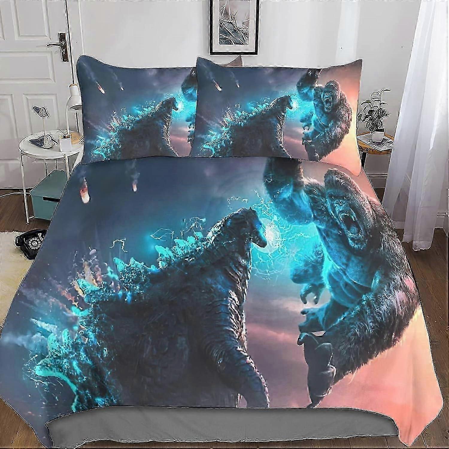o2810 Lakan Godzilla Vs Kong Täcke Täcke Set 3D Sängkläder Anime Karaktärer Enkelt påslakan Set - Mjukt påslakan i mikrofiber med örngott Q