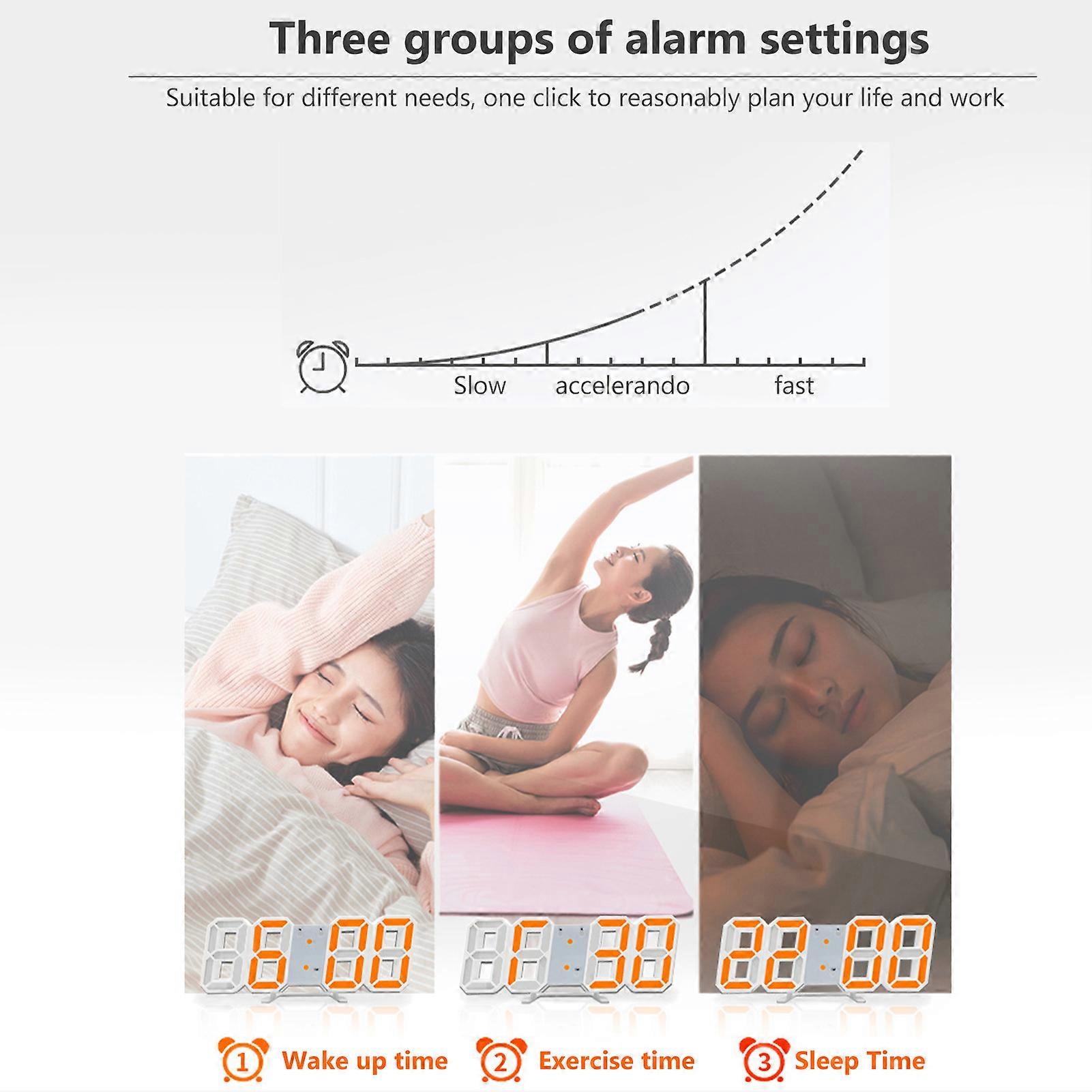 Digital Alarm Clock 3D LED Digital Wall Clock Time Date Temperature Display Brightness Adjustable