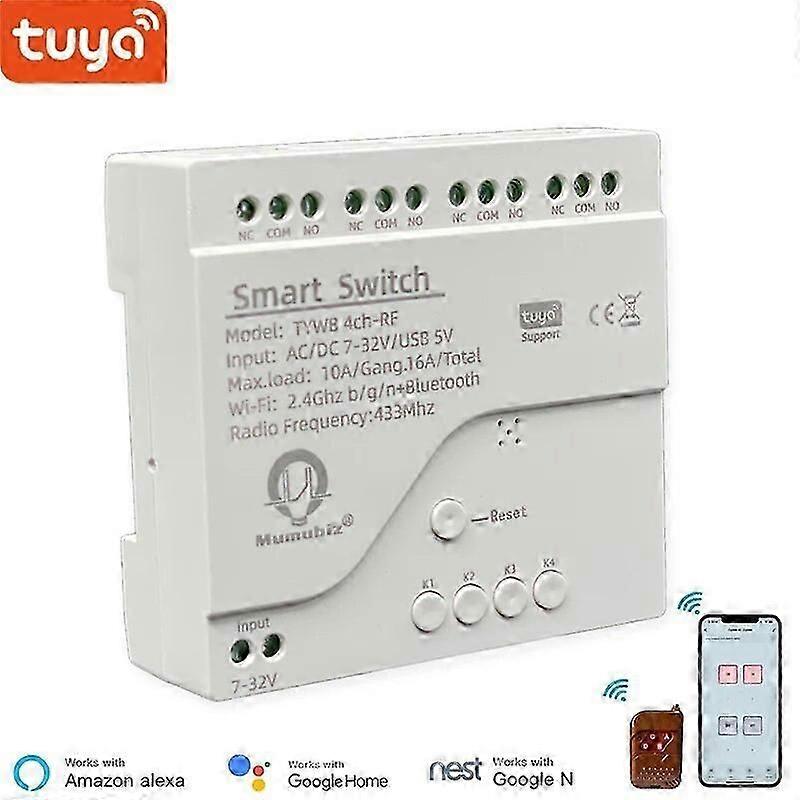 Tuya Smart WiFi 7-32V Switch 4 Channel With Ding Rail Housing ,RF433, Bluetooth, Inching ,Self-lock ,Inter-lock,Works with Alexa