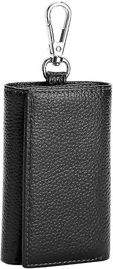 Unisex Compact Leather Key Case Wallet Keychain Key Holder Ring with 6 Hanging Buckle Hooks Snap Closure, Black