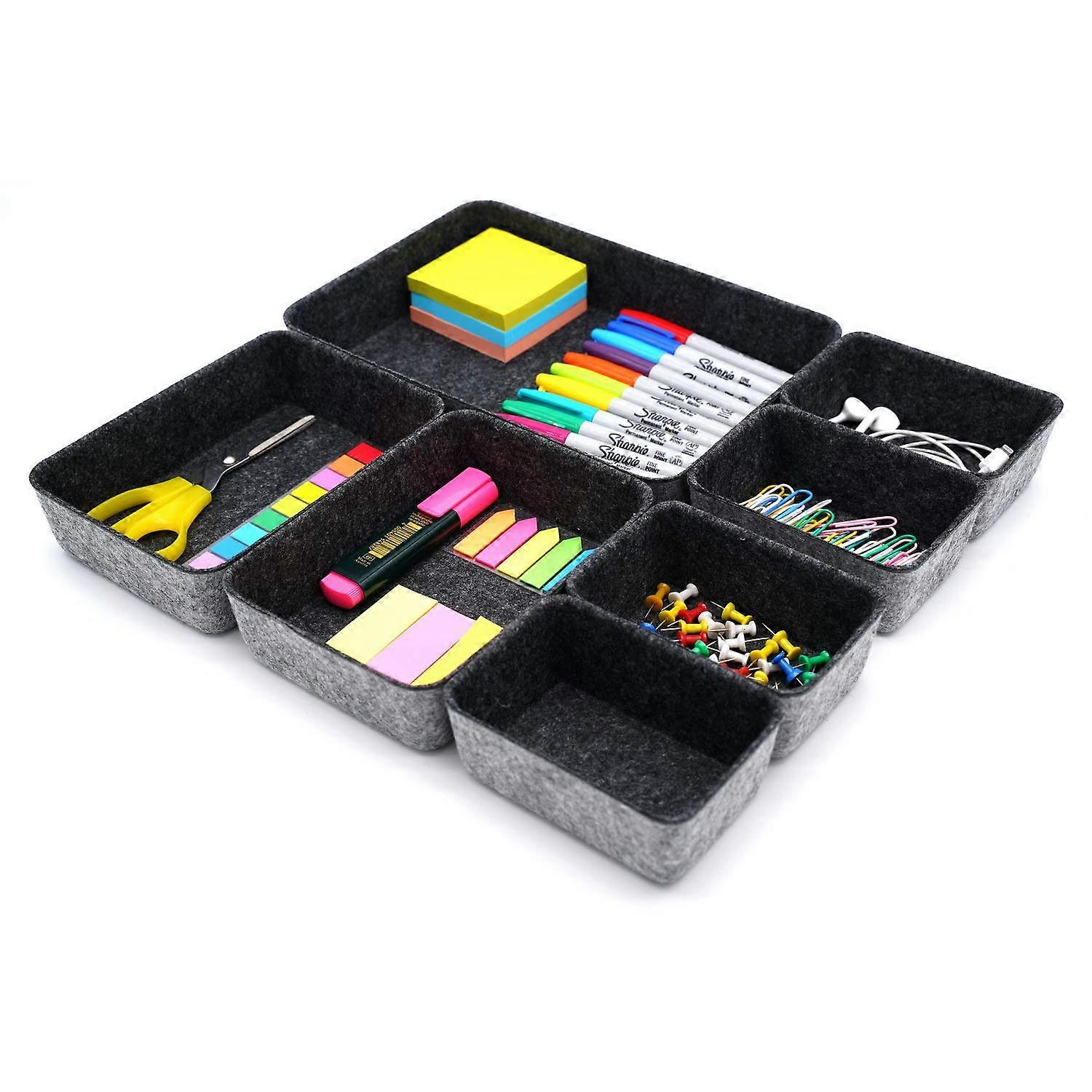 Welaxy Drawer Organizers Tray Felt Storage Box for Office and Home Decor - 7 Piece Small Coal Color Set