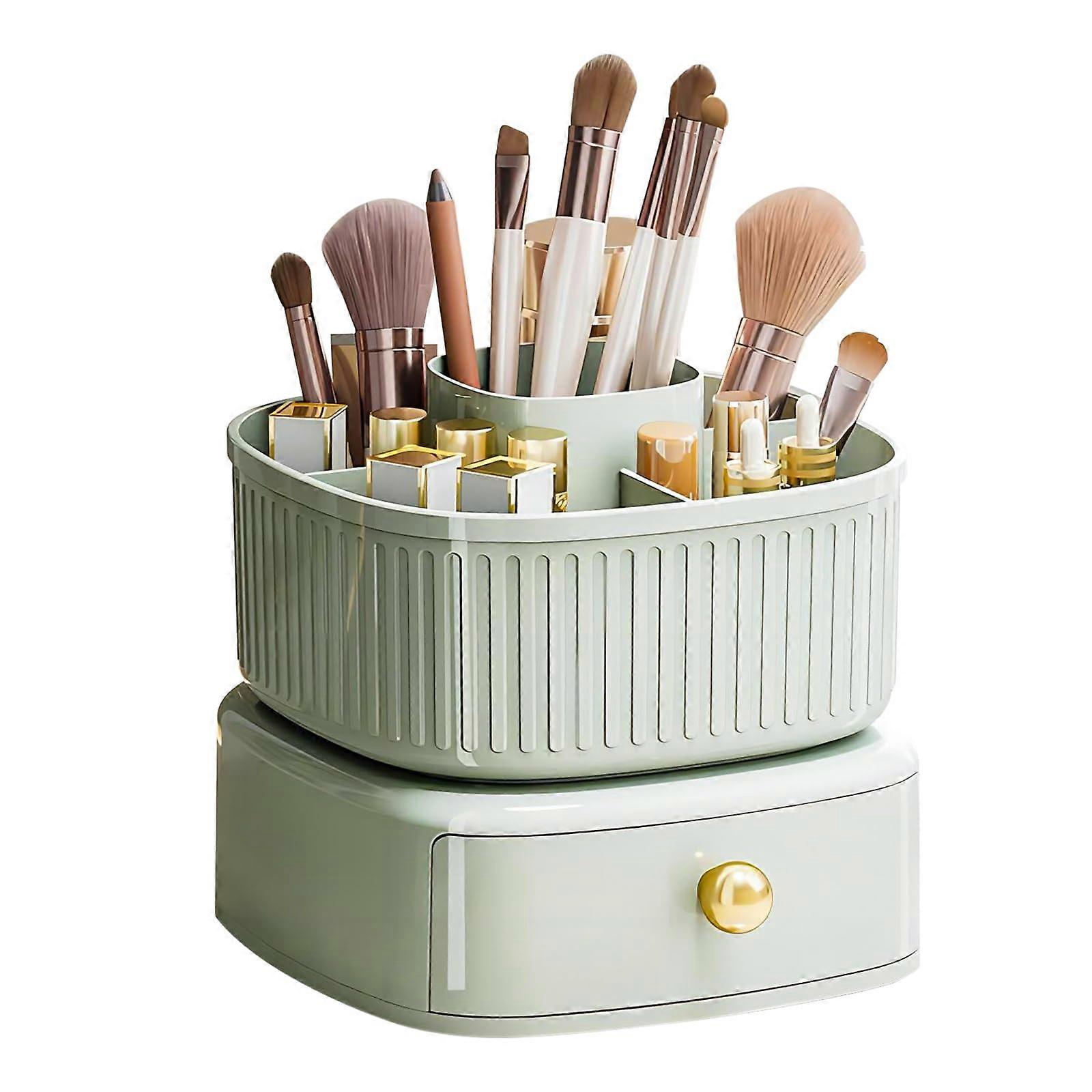 Stackable Makeup Organizer with 360° Rotating Tray, Green Cosmetic Holder and Brush Storage Solution