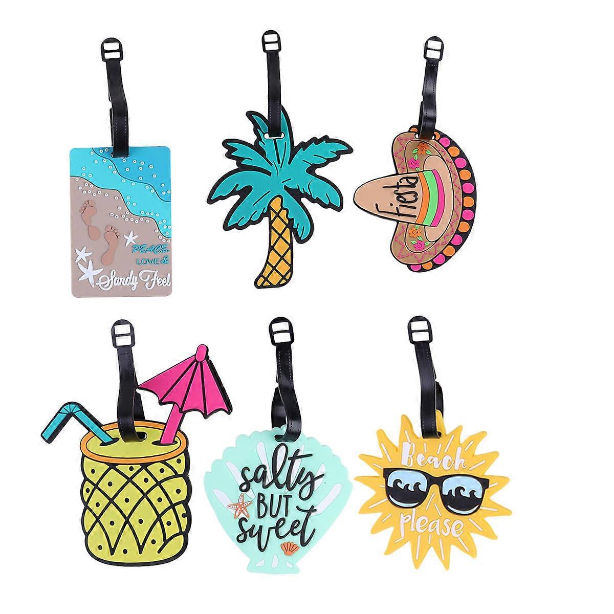 6pcs Creative Beach Theme Name Holder Travel Luggage Tags Set Coconut Tree Hat Shape Baggage Tag for Backpack Travel Suitcase (Sunglasses, Coconut