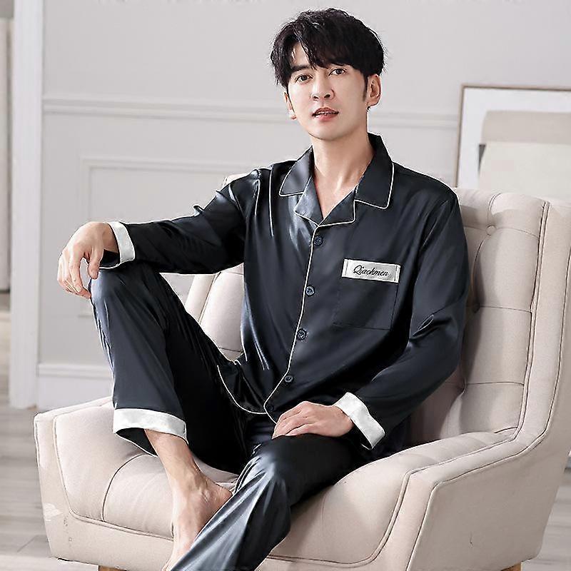 Men's Spring and Autumn Ice Silk Long Sleeve Set Youth Loose and Comfortable Four Seasons Home Wear Pajamas