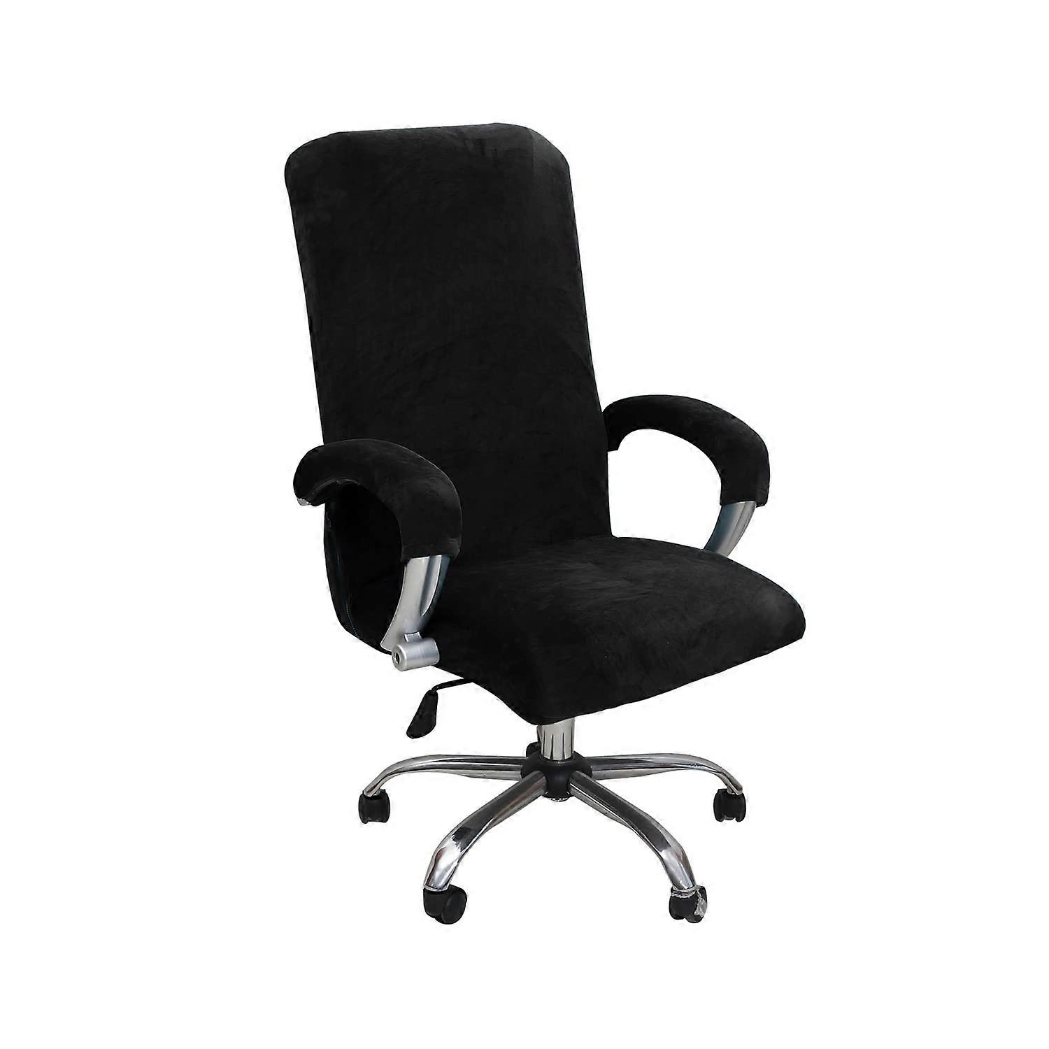 Office Chair Cover with Armrest Plush Velvet Solid Color, Removable and Durable Elastic Fabric Chair Cover for Rotating Office Chair, Black(XL)