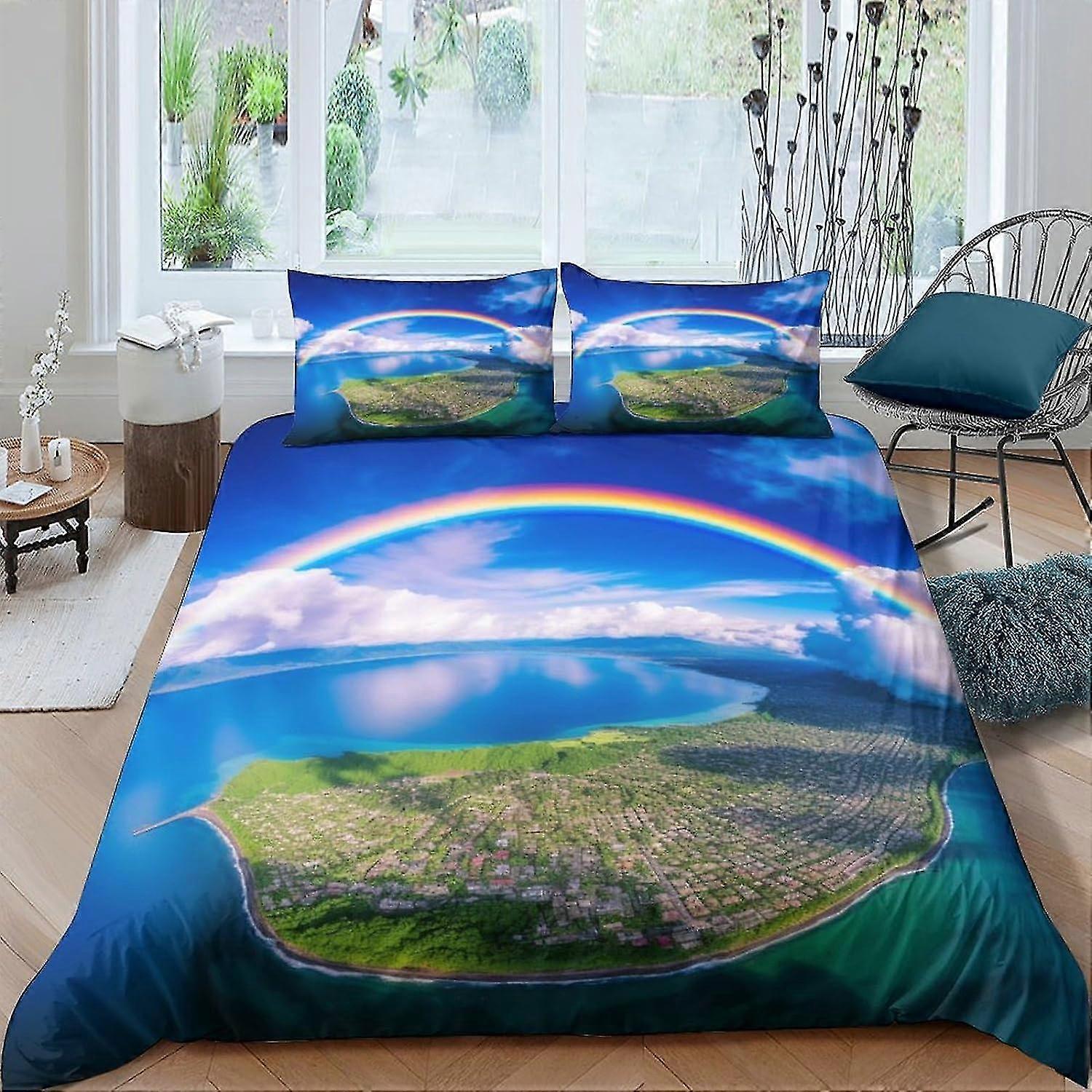 Capa de edredom Rainbow 3 peças, conjuntos de cama 3D capa de colcha de paisagem artística, capa de edredom de microfibra macia com fronhas e zíper