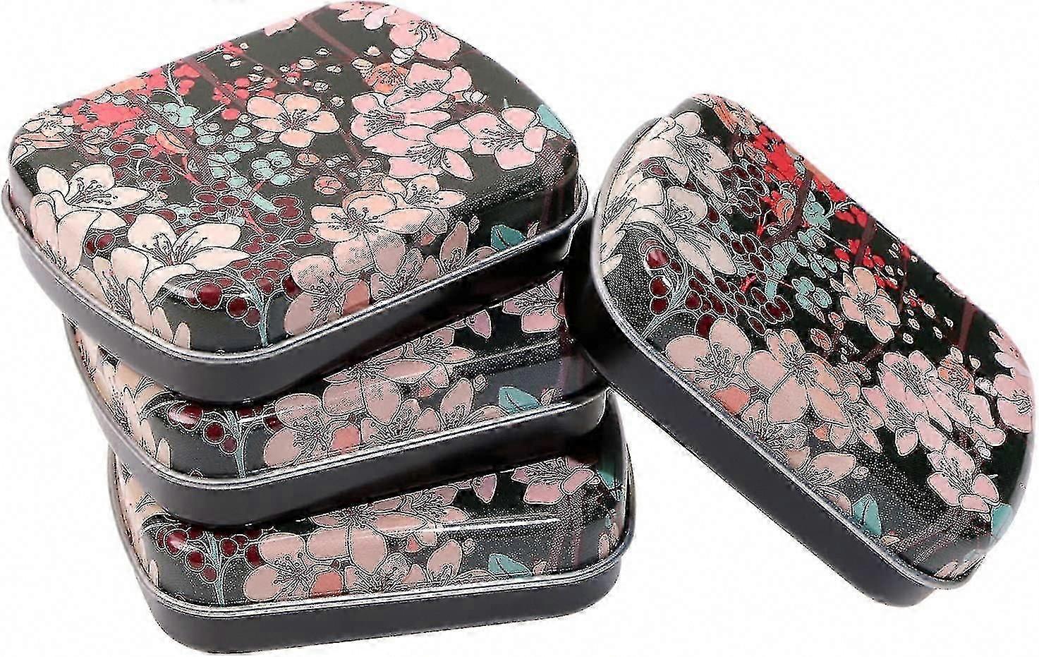 4pcs Small Metal Storage Box, Mini Rectangle Hinged Tin with Lid (Black & Floral) - Portable & Empty