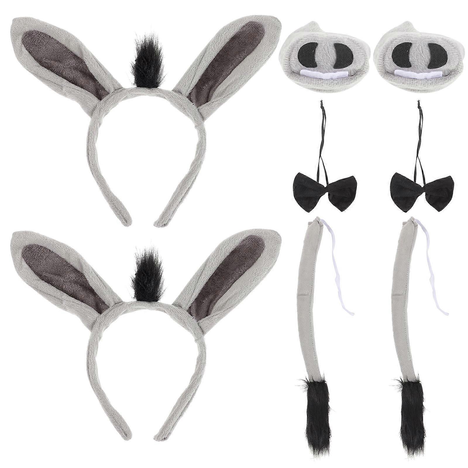 2 Sets of Donkey Costume Accessories Donkey Ear Headband Tail Bowtie and Nose Decor