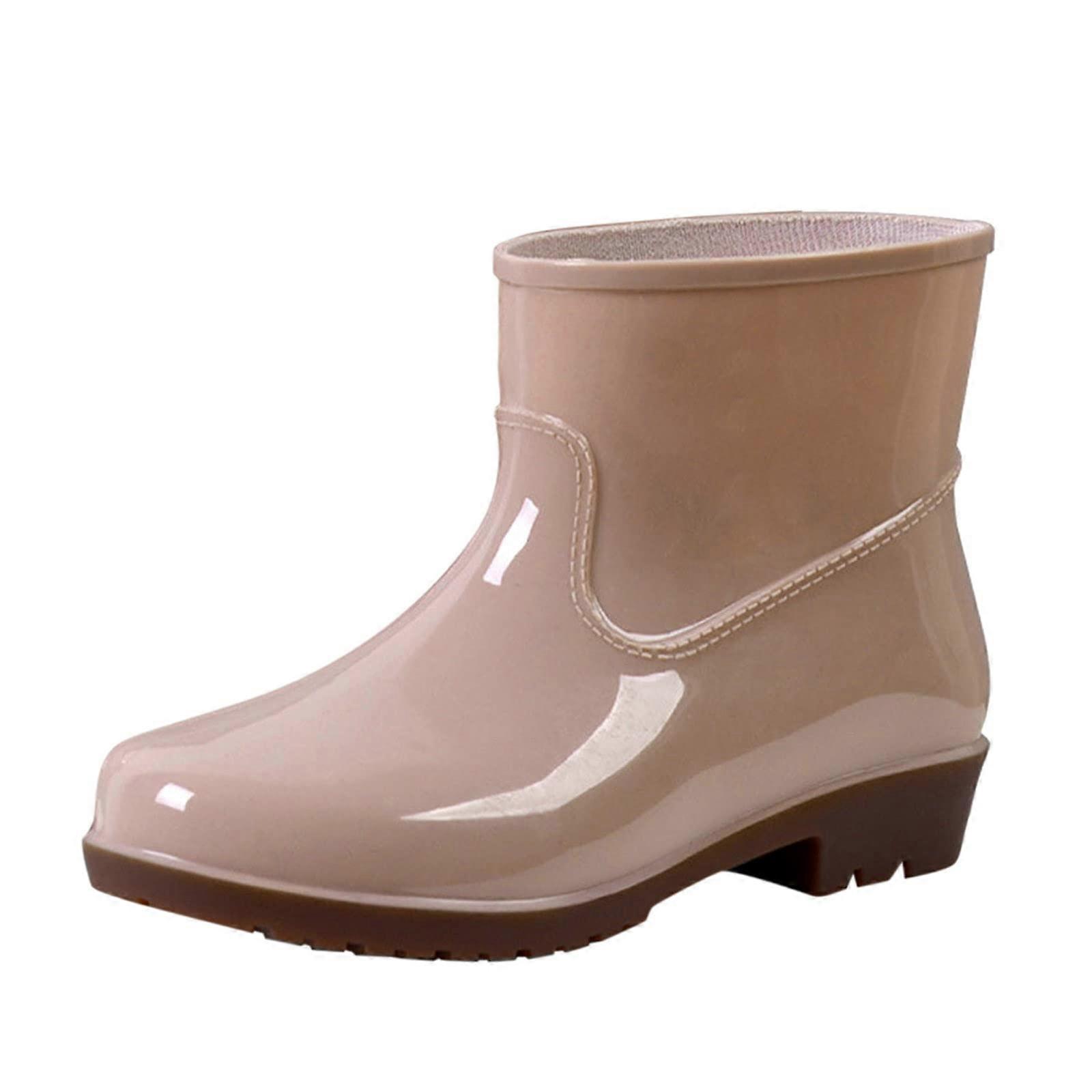 "Low Heeled Round Toe Women's Ankle Boots with Buckle Closure, Size 37.5 EU, Khaki Waterproof Rain Boots"
