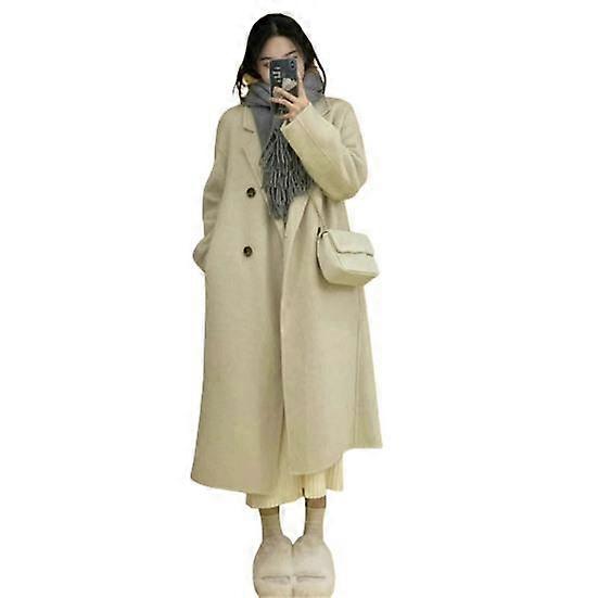 Yousheng Women Winter Overcoat Double-breasted Turn-down Collar Long Sleeves Buttons Loose Cardigan Mid Length Outdoor Woolen Coat