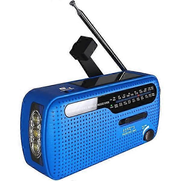 FM/AM(MW)/SW portable radio, hand crank/battery and mains/solar powered transistor radio, with 3-LED flashlight
