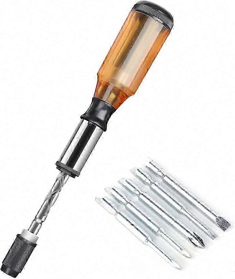 6 in 1 Push Pull Ratchet Screwdriver Set - Spiral Semi-Automatic Press Type (Brown)