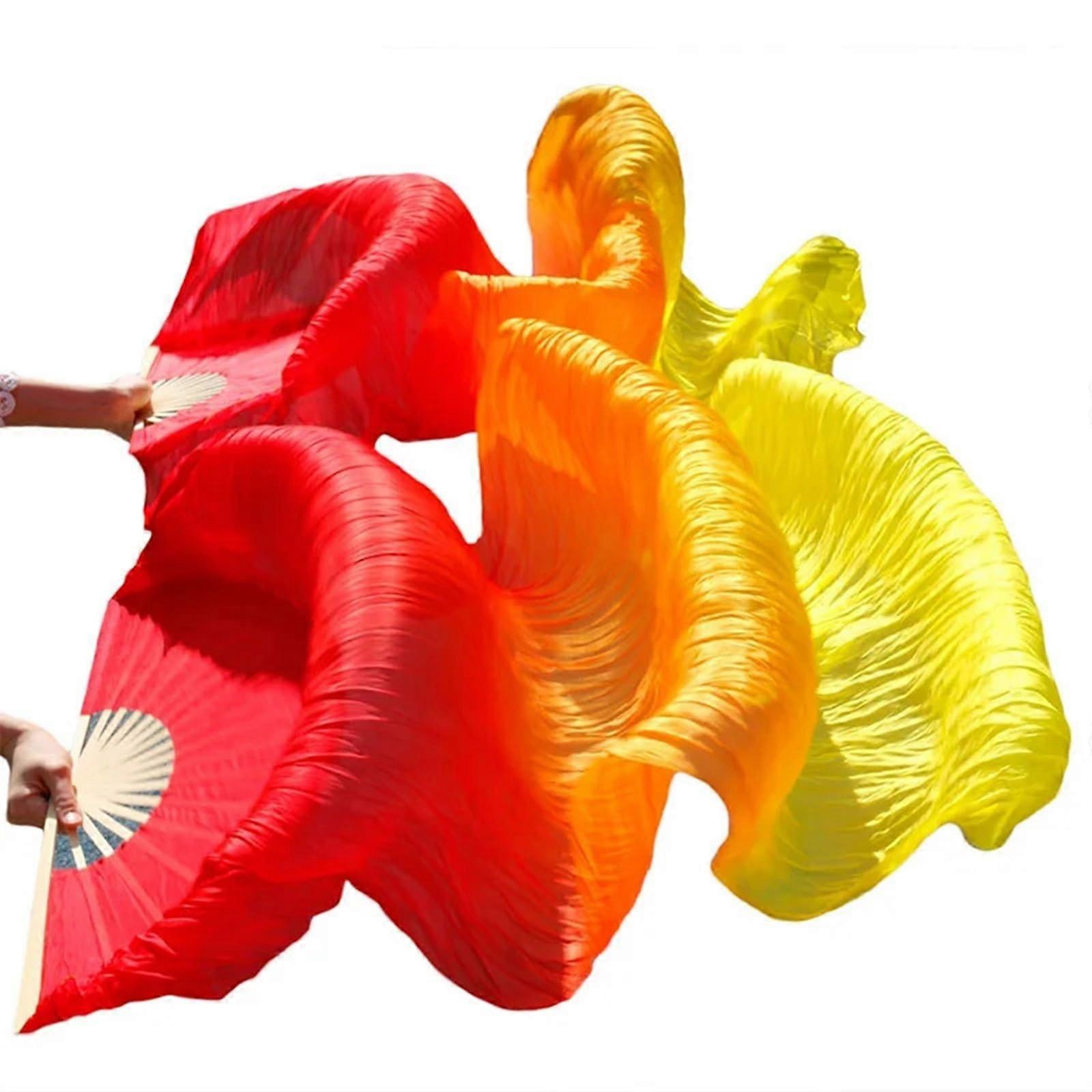 Belly Dance Fan 150cm Long Imitation Silk Fans in Gradient Red Yellow for Dancer Practice, 1 Pair 180x90cm